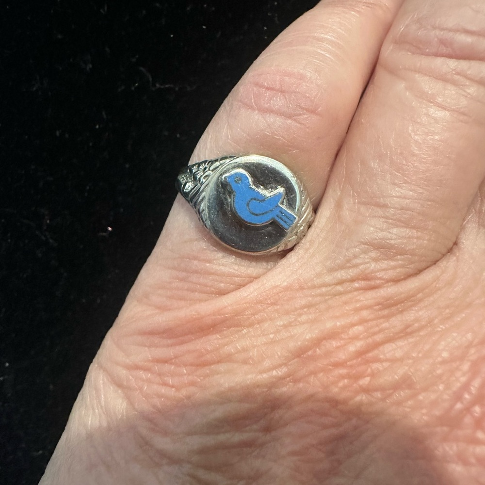 Sterling Silver Blue Enamel Bird Signet Ring Vintage 7g  reminiscent of CampFire - Picture 10 of 13